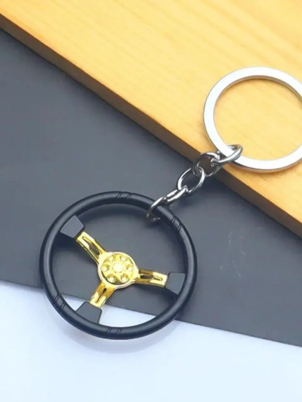 Gold 3 Spoke Racing Steering Wheel Keychain Drift Car Key Ring Enthusiast Gift